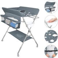 Table à langer bébé avec Panier de Rangement et Roues Verrouillables, Table à Langer avec Ceinture de sécurité, réglable en hauteu, Gris foncé