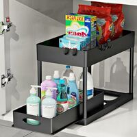 Aqrau Etagere de cuisine usages multiples à 2 niveaux/Panier de collection de salle de bain coulissant avec crochets - Noir