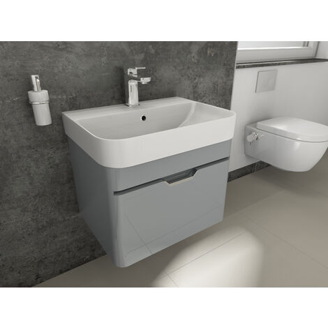 Aqua Bagno Badmöbel Set Waschbeckenunterschrank mit grau aus mit Gästebad lackiert hochglanz Unterschrank Keramik Waschbecken Waschtisch