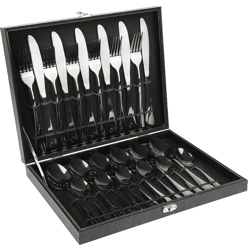 cucchiaio PENGENRUI Set di posate da 24 pezzi per 6 persone coltello da bistecca forchette colore: nero la cucina posate lucidate a specchio con confezione regalo set di posate in acciaio inox 