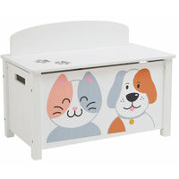 Liberty House Toys Toy Box Storage Organiser w/ Safety Hinge Side Handle Cat and Dog H47.5 x W68 x D37.5cm White and Grey - White and Grey
