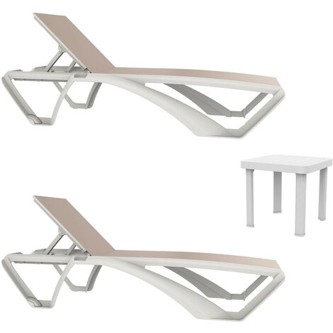 Set 2+1 chaises longues-table auxiliaire extérieur blanc - beige MARINA-ANDORRA Resol