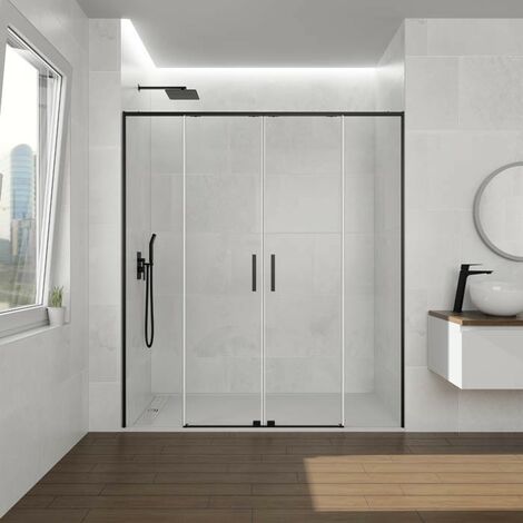 Paroi de douche frontale TWENTY NOIR avec ouverture centrale, 2 panneaux fixes avec 2 portes coulissantes, profil noir mat Mesure d'installation: 161 - 171 cm (1/5)