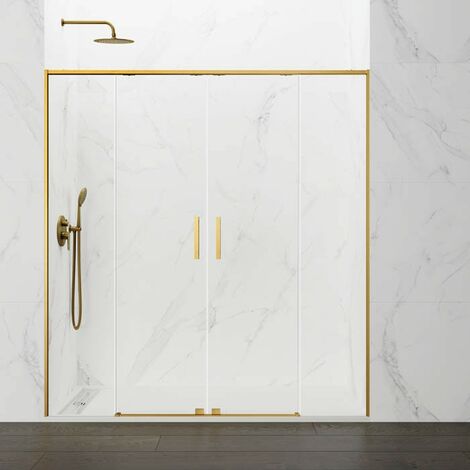 Paroi de douche frontale TWENTY OR avec ouverture centrale, 2 panneaux fixes avec 2 portes coulissantes, profil en or brossé Mesure d'installation: 161 - 171 cm (1/5)