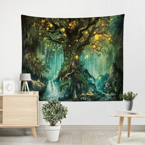 Appeso a parete con albero della vita, arazzo psichedelico con cascate  sotto arazzi di alberi antichi,