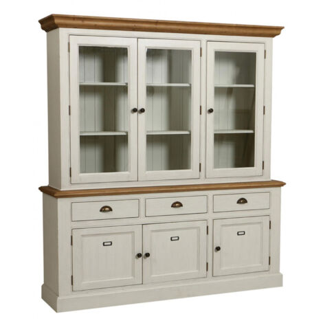 Buffet Vaisselier Haut Intérior's - Bois Massif Pin, Couleur Grège Vieilli (123x42x206 Cm)