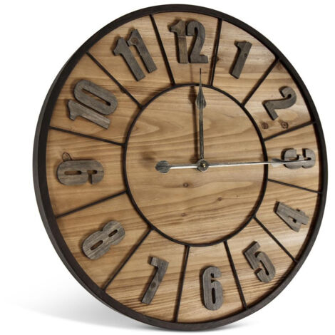 Horloge ancienne en bois et métal marron – Design industriel avec chiffres arabes – Largeur 60 cm – Hauteur 60 cm – Profondeur 3.5 cm – Decoration D’Autrefois