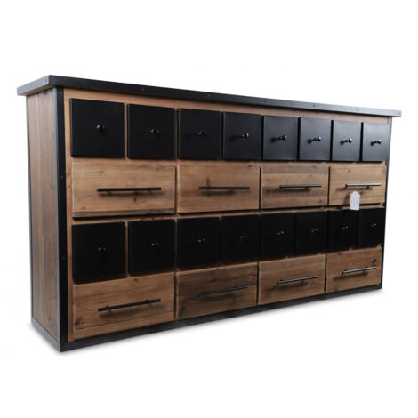 Bahut en bois marron style industriel – 24 tiroirs – Largeur 180 cm – Hauteur 95 cm – Profondeur 42 cm – Idéal pour rangement et décoration – Decoration D’Autrefois