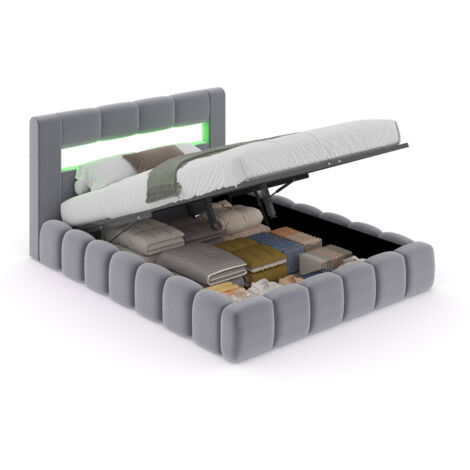 Cama con canapé abatible estilo nube led 140 x 190 cm terciopelo gris OMAHA