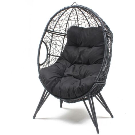 Sillón de huevos con efecto de ratán de pie de resina negra JANE