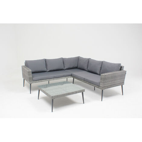 Salotto Da Giardino In Acciaio, 4 Posti - 2 Poltrone E Tavolino Basso In Corda Intrecciata E Legno Di Acacia Beige