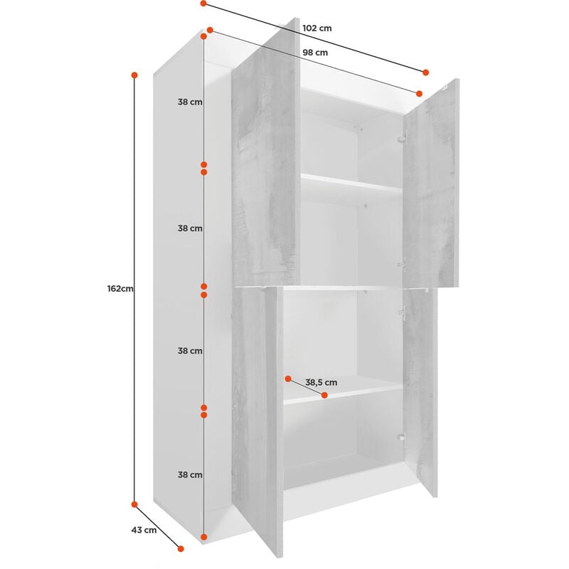 Dama Wh XL credenza madia moderna 4 ante ante bianco lucido 241cm