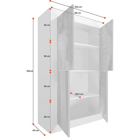 Credenza Moderna, Madia di Design, 4 ante Alta, Bianco Lucido e Cemento