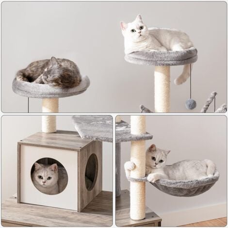 Arbre à Chat avec Maison de Litière pour Chat Maison pour Chat en Bois avec Tour à Chat Bâton