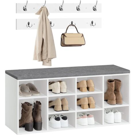 Garderobe Schuhregal Set, Schuhbank mit 10 Fächern, Schuhregal mit gepolsterter Sitzbank, Wandgarderobe mit 9 Haken, Schuhschrank für Flur, Eingangsbereich, HOOBRO EWT110HX01 (1/5)