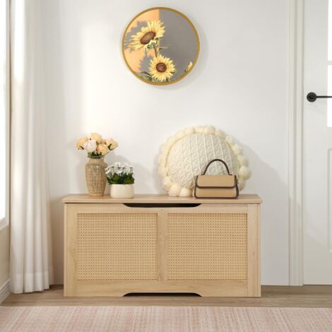Truhen, Sitzbank mit Stauraum, Spielzeugkiste mit Deckel, 100 cm Rattan-Aufbewahrungstruhe mit Sicherheitsscharnier, Aufbewahrungsbox, für Kinderzimmer, Schlafzimmer, HOOBRO ENL11CW01 (1/5)