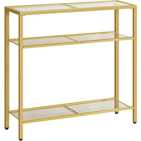 Hoobro – Table console en verre trempé 75 cm – 3 étagères – Design minimaliste doré – Pour salon, entrée, couloir – Pieds réglables (1/5)