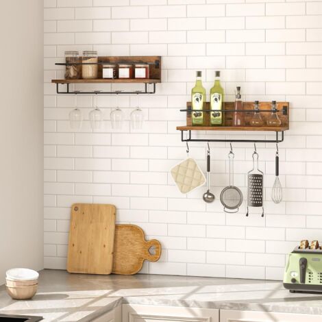 Porte-Bouteilles de Vin Murals Lot de 2, Porte-Bouteilles Suspendus, Porte-Verres, pour Salon, Salle à Manger, Cuisine, Marron Rustique et Noir EBF28BJ01,HOOBRO