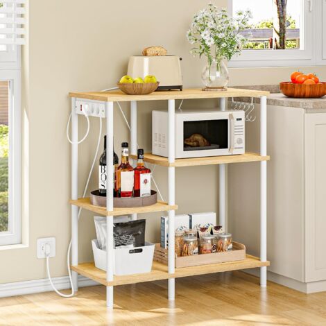 Étagère de Cuisine, Support pour Four à Micro-Ondes avec Prise de Courant, Support de Micro-Ondes avec Crochets en S, Etagères de Stockage, Blanc et Naturelle EWN07CHB01,HOOBRO (1/5)