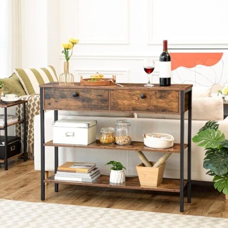 Table Console, Table d'Entrée avec 2 Tiroirs, Table d’appoint 2 Niveaux, Bout de Canapé avec Cadre Stable, pour Entrée, Salon, Style Industriel, HOOBRO EBF32XG01