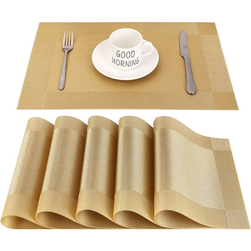 Placemats Set of 3 Beige Stain Resistant Washable PVC Table Mats Non-Slip Washable Coffee Mats,Crossweave Woven Vinyl Heat Resistant Kitchen Tablemats for Dining Table 