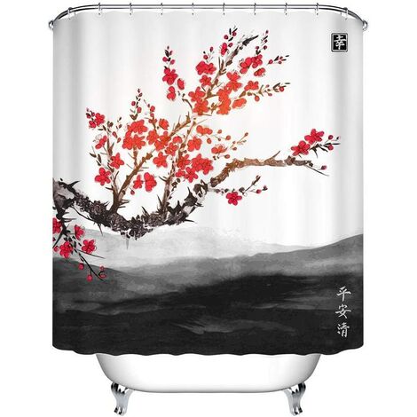 Oriental Sakura Cherry Tree Landscape Far Mountains Water Resistant Decorative Polyester Fabric Bathroom Shower Curtain Set with 12 Hooks, 180x180cm