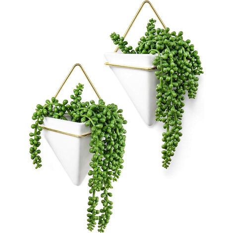 Geometric Wall Planter Hanging Vase with Artificial Succulent Plants Fake String of Pearls Modern Ceramic Wall Decor for Indoor Outdoor Home Office Garden, 2 Pack