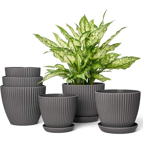 6 Packs Plastic Planters with Saucers Indoor Flower Plant Pot, 3 Different Size Gardening Containers with Drainage Trays for Flowers, Herbs, Cactus, Succulents, Modern Decor, Grey