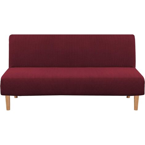 Armless Futon Cover Stretch Sofa Bed Slipcover Protector Elastic Feature Rich Textured High Spandex Small Checks Jacquard Fabric Sofa Shield Futon Cover, Machine Washable, Red wine