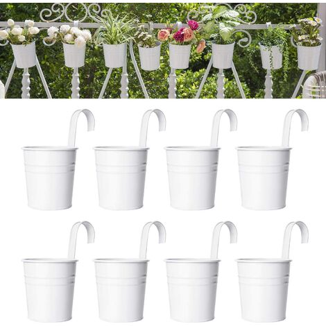 8 Pcs Hanging Flower Pots Metal Iron Bucket Planter for Railing Fence Balcony Garden Home Decoration Flower Holders with Detachable Hooks, white, 4 Inches
