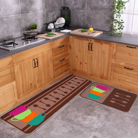 2 Piece Non Slip Kitchen Mat Rubber Backing Doormat Runner Rug Set, Colorful Cups (19"x59"+19"x31")