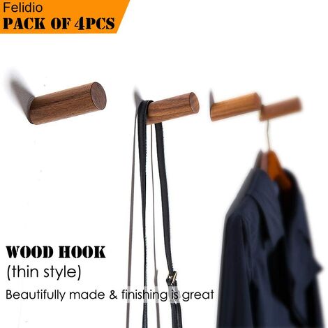 Wood Wall Hooks, 4 Pack Coat Hooks Wall Mounted | Rustic Wooden Hooks Heavy Duty Robe Hook Hat Rack | Hooks for Hanging Bathroom Towels Clothes Hanger (Walnut Wood)