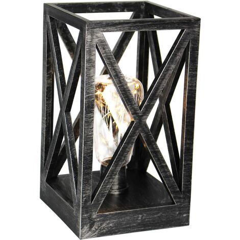 LED Lantern Geometric Square Cage Lamp Retro Style Table Lamp Battery Powered Cordless Lamp Night Light with Bulbs for Dining Room Bedroom Patio Indoors Outdoors Table Lighting Decoration