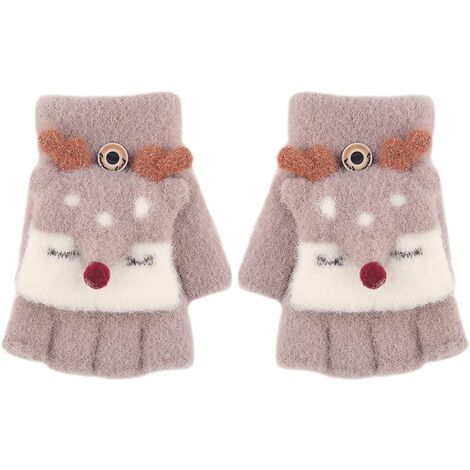 Kids Boy Girls Cute Fox Convertible Gloves with Mitten Cover Knitted Winter Fingerless Flip Top Gloves for Boy Girls Toddler