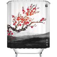 Oriental Sakura Cherry Tree Far Mountains Landscape Water Resistant Decorative Polyester Fabric Bathroom Shower Curtain Set with 12 Hooks, 150x180cm