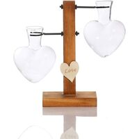 Glass Water Hanging Planting Vase, Solid Wood Retro Metal Stand, for Flower Hydroponic Plants, Home Garden Wedding Decoration (2 Heart Shape)