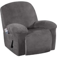 Recliner Chair Cover Velvet Plush 1-Piece Recliner Covers for Large Recliner, Soft Thick Luxury Velvet Furniture Protector with Elastic Bottom, Anti-Slip Foams Attached (Recliner, Grey)