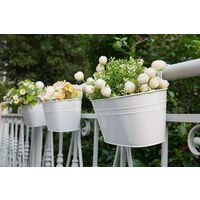 3 Pack Metal Iron Hanging Flower Pots for Railing Fence Hanging Bucket Pots Countryside Style Window Flower Plant Holder with Detachable Hooks Home Decor,White