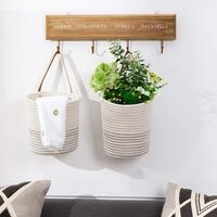 2 Pack Wall Hanging Cotton Storage Baskets, Small Rope Baskets with Leather Handle Door Closet Organizer Woven Baskets for Keys, Wallet, Plants, Towels, Toys, 7.87" x 7"