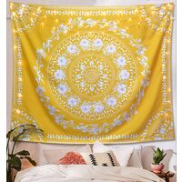 Wall Hanging, Mandala Floral Medallion Hippie Tapestry with White Aesthetic Wreath Design, Gold Wall Decor Blanket for Bedroom Home Dorm,Small 60*50 inches