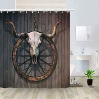 Western Shower Curtain Bull Skull, Long Horned Bull Skull and Old Barn Wood Wagon Wheel on Rustic Wooden Wallpaper Bath Curtains, Fabric Shower Curtain for Bathroom Accessories 12PCS Hooks, 69X70 In
