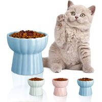 Ceramic Cat Food Bowls, Raised Cat Bowls for Food and Water, Non-Slip Elevated Pet Bowl for Cats and Little Dogs, Backflow Prevention,Microwave Dishwasher Freezer Safe(Blue)