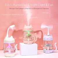 USB Cat Cool Mist Humidifier, 3 in 1 350ml Polyme Water Mist Mode & Auto Shut Off, Baby Humidifier with 6 Color LED Lights Changing, for Home Car Office, Air Humidifier with Small Fan (White)