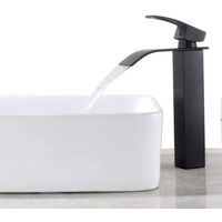Black Single Lever Waterfall Bathroom Faucet, Square Brass Basin Mixer Tap, High Tap Hot and Cold Water Countertop Basin Mixer Tap