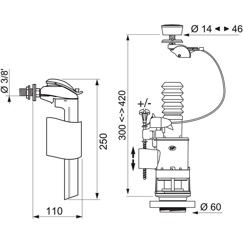 MW2 + F90, mécanisme de wc double chasse à commande à câble + robinet  flotteur latéral - Wirquin