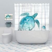 Rideau de douche bleu turquoise Motif tortue de mer Style maison de campagne Couleur bois Océan Mer Animal Salle de bain vintage Imperméable Lavable Avec 12 anneaux blancs 180x180cm