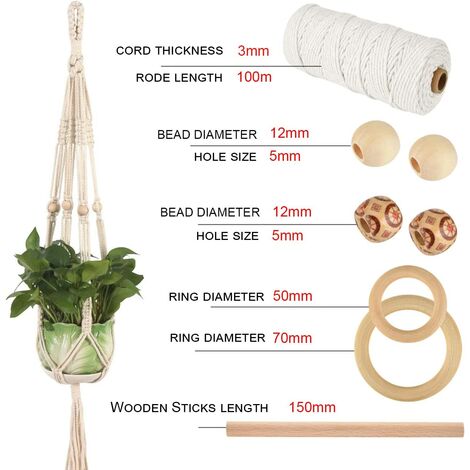 ganci per piante fai-da-te TUPARKA corda naturale in macramè da 3 mm con 60 pezzi di perline di legno 6 pezzi di anello di legno e 4 pezzi di bastone di legno per artigianato