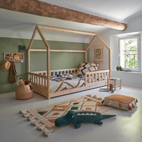 Lit cabane enfant 90 x 190 cm avec sommier et barrières.