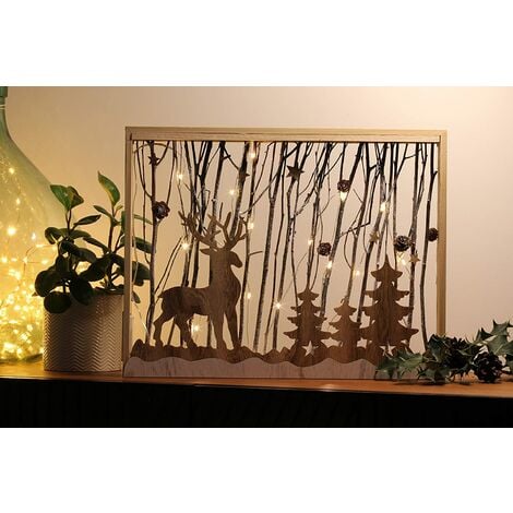 Village de noël, Scène de Noël Lumineuse LED lumière blanche chaude, cerfs dans la forêt, 37 cm x 5,5 x 18 H.Paysage de Noël.