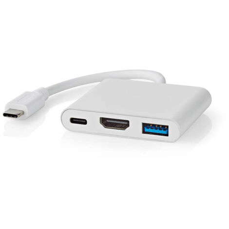 Nedis USB Multi-Port-Adapter / 3-in-1 / USB 3.2 Gen 1 / USB-C™ Stecker / HDMI™ Ausgang / USB-A Buchse / USB-C™ Buchse / 5 Gbps / 0.10 m / Rund / Vernickelt / PVC / Weiss / Box (1/5)